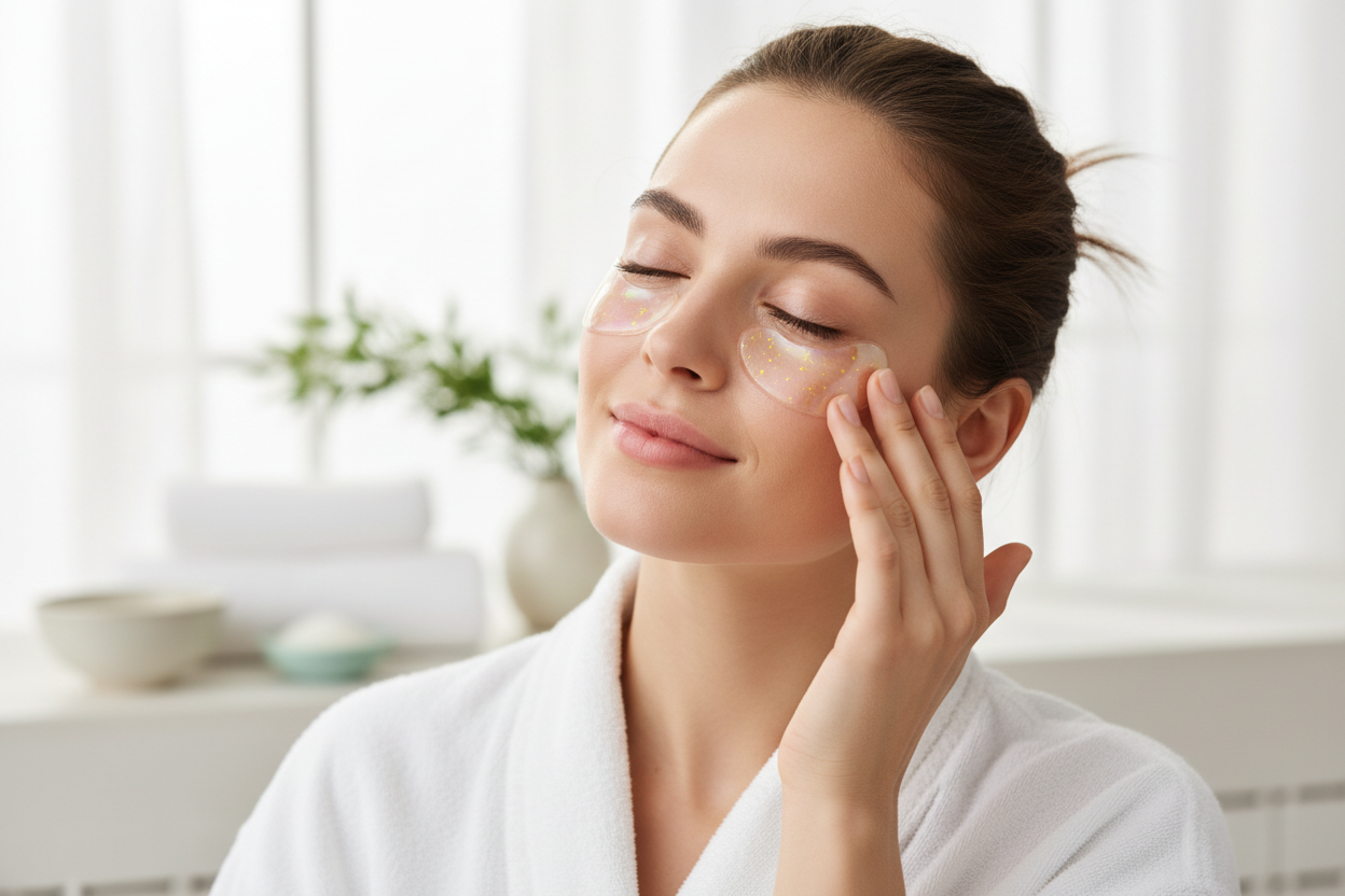 Mujer joven usando parches de hidrogel para ojeras